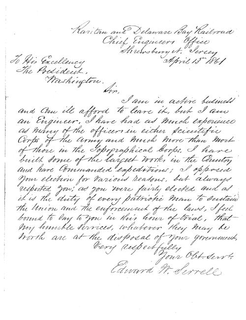 Letter written from the Raritan and Delaware Bay Railroad Chief Engineer�s Office, Shrewsbury, New Jersey; April 13, 1861